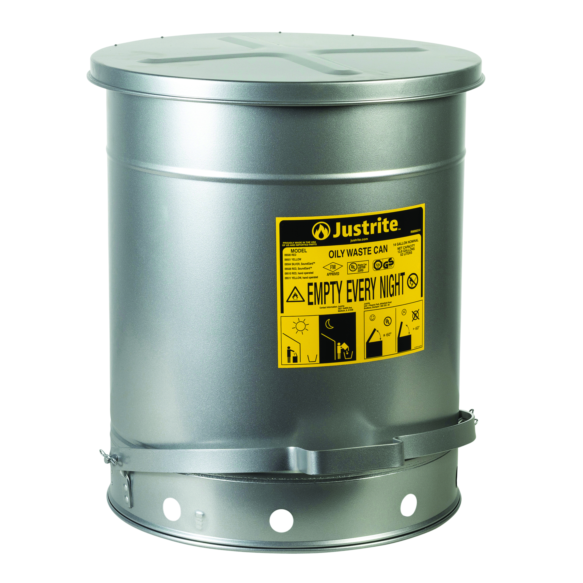 Justrite Oily Waste Can — 14 Gallon, Hands-Free, Self-Closing Cover, SoundGard, Silver, Model# 09504